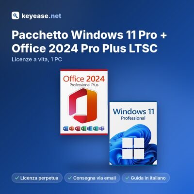 Pacchetto Microsoft Windows 11 Pro + Office 2024 Pro Plus LTSC – Licenze a vita, 1 PC – KeyEase