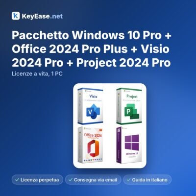 Pack Microsoft Windows 10 Pro + Office 2024 Pro Plus + Visio 2024 Pro + Project 2024 Pro – Licences à vie, 1 PC