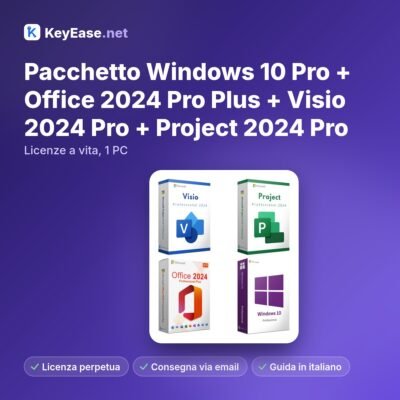 Pacote Microsoft Windows 10 Pro + Office 2024 Pro Plus + Visio 2024 Pro + Project 2024 Pro – Licenças vitalícias, 1 PC