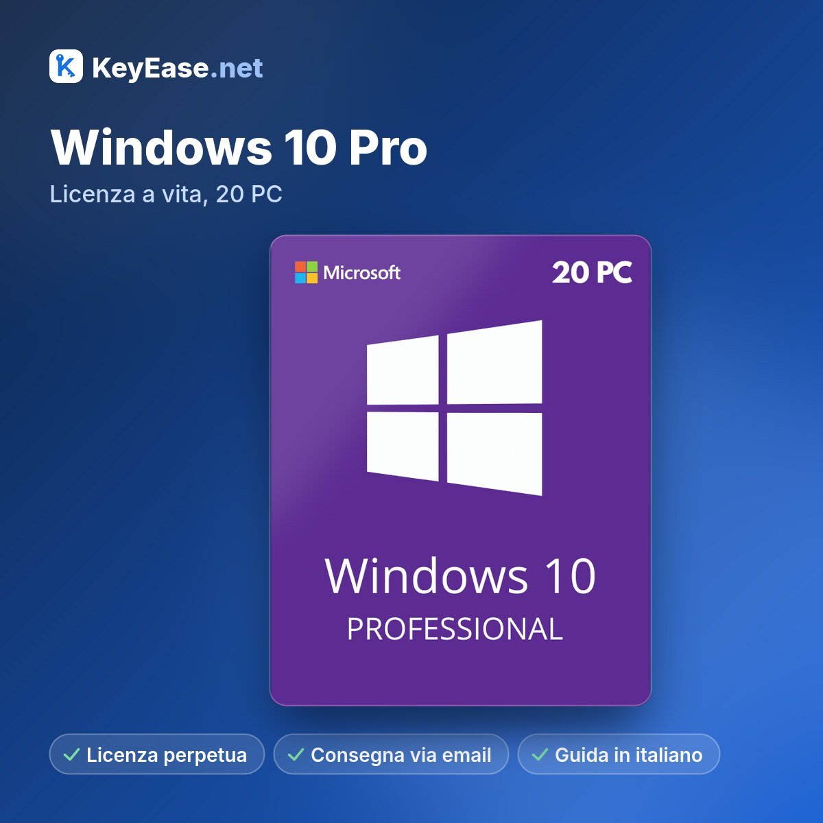 Microsoft Windows 10 Pro – Lifetime License, 20 PCs – KeyEase Microsoft Windows 10 Pro – Lifetime License, 20 PCs – KeyEase